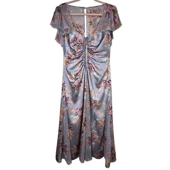 Sz 8 Cinq à Sept Terrence Satin Floral Midi Dress Cocktail Wedding Guest Romance - Picture 3 of 11